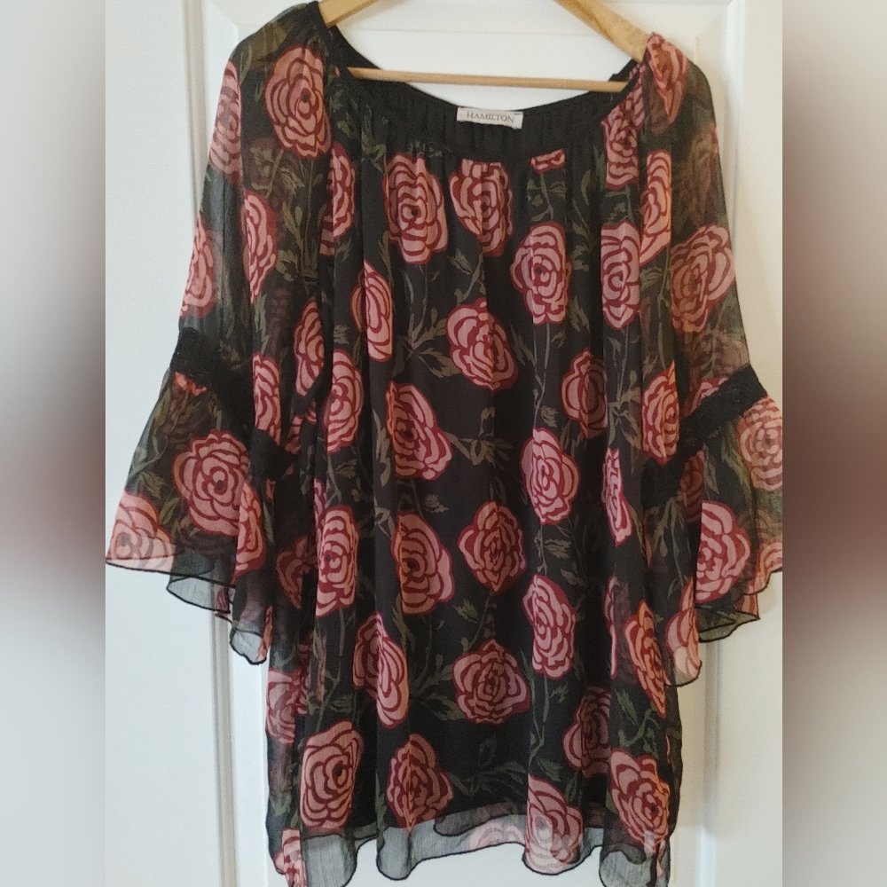 Hamilton Black Sheer Blouse with Pink Rose Print
